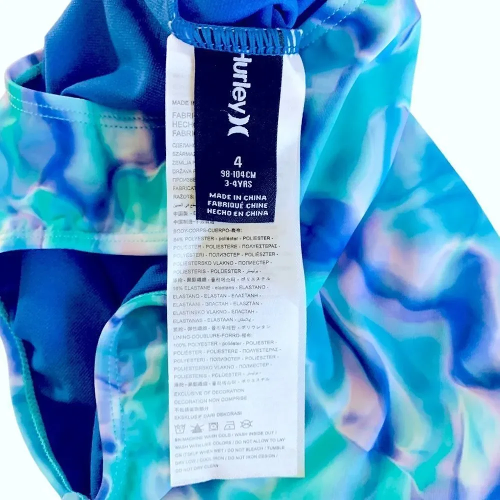 Hurley Girl’s UPF 50+ One Piece Quick Dry Blue Tie Dye Swimsuit Size 4 NWT
